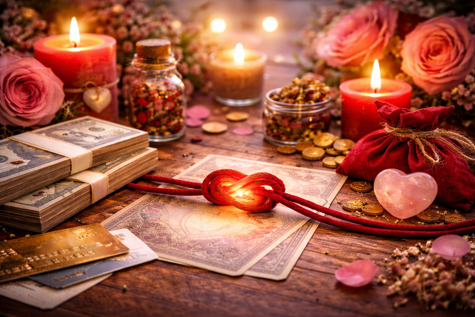 Pareja reconciliándose en ambiente íntimo con velas y luz cálida representando orientación espiritual y guía sobre amarres de amor en Colombia